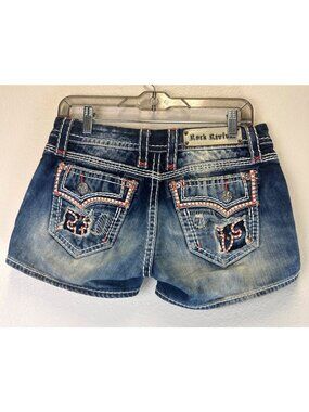 Rock Revival Ara Distressed Denim Shorts Embroidered Pockets Size 27 Inseam 3"
